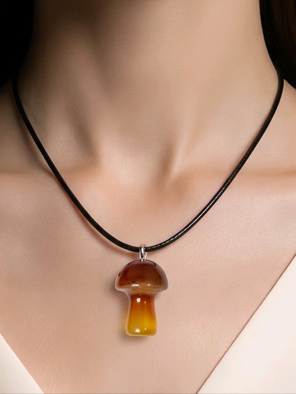 Honey Gold Agate Mushroom Necklace Natural Stone Toadstool Golden Boho Pendant